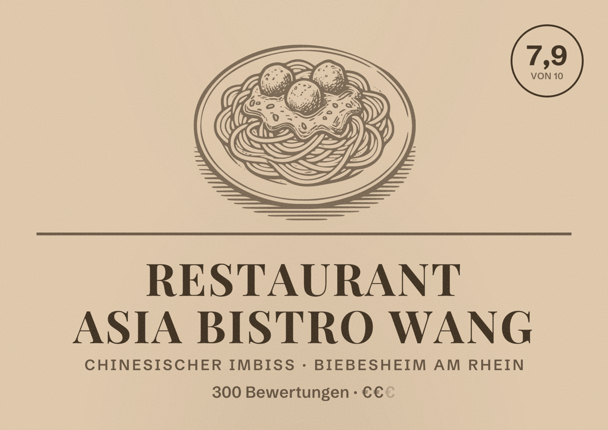 Illustriertes Poster von Restaurant Asia Bistro Wang, Chinesischer Imbiss in Biebesheim am Rhein: Bewertung 7,9 von 10 aus 300 Bewertungen, Preisniveau €€