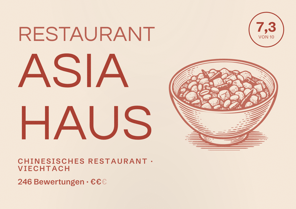 Illustriertes Poster von Restaurant Asia Haus, Chinesisches Restaurant in Viechtach: Bewertung 7,3 von 10 aus 246 Bewertungen, Preisniveau €€