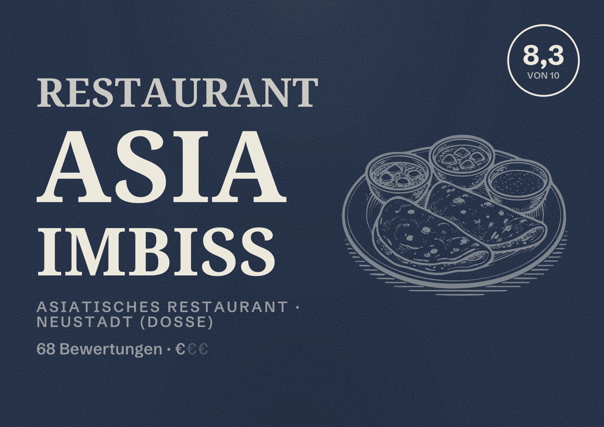 Illustriertes Poster von Restaurant Asia Imbiss, Asiatisches Restaurant in Neustadt (Dosse): Bewertung 8,3 von 10 aus 68 Bewertungen, Preisniveau €