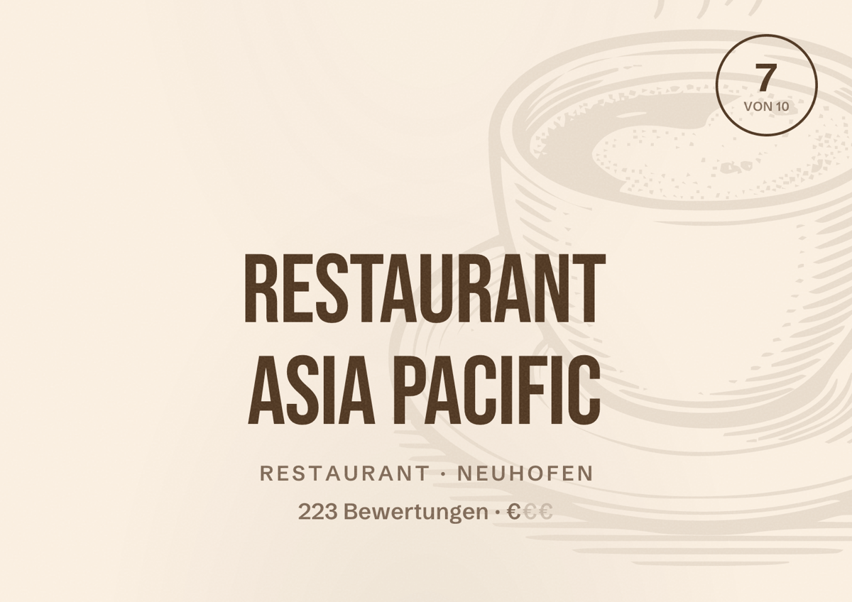 Illustriertes Poster von Restaurant Asia Pacific, Restaurant in Neuhofen: Bewertung 7 von 10 aus 223 Bewertungen, Preisniveau €
