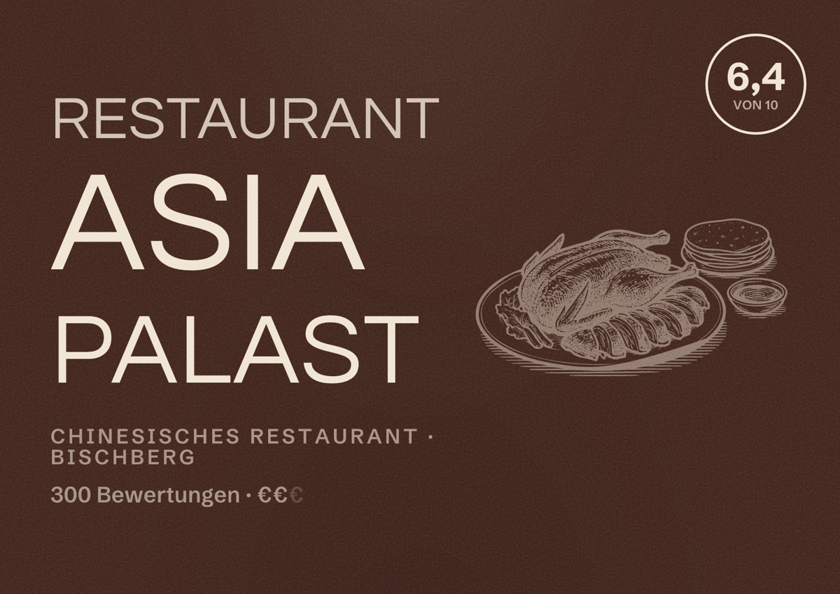 Illustriertes Poster von Restaurant Asia Palast, Chinesisches Restaurant in Bischberg: Bewertung 6,4 von 10 aus 300 Bewertungen, Preisniveau €€