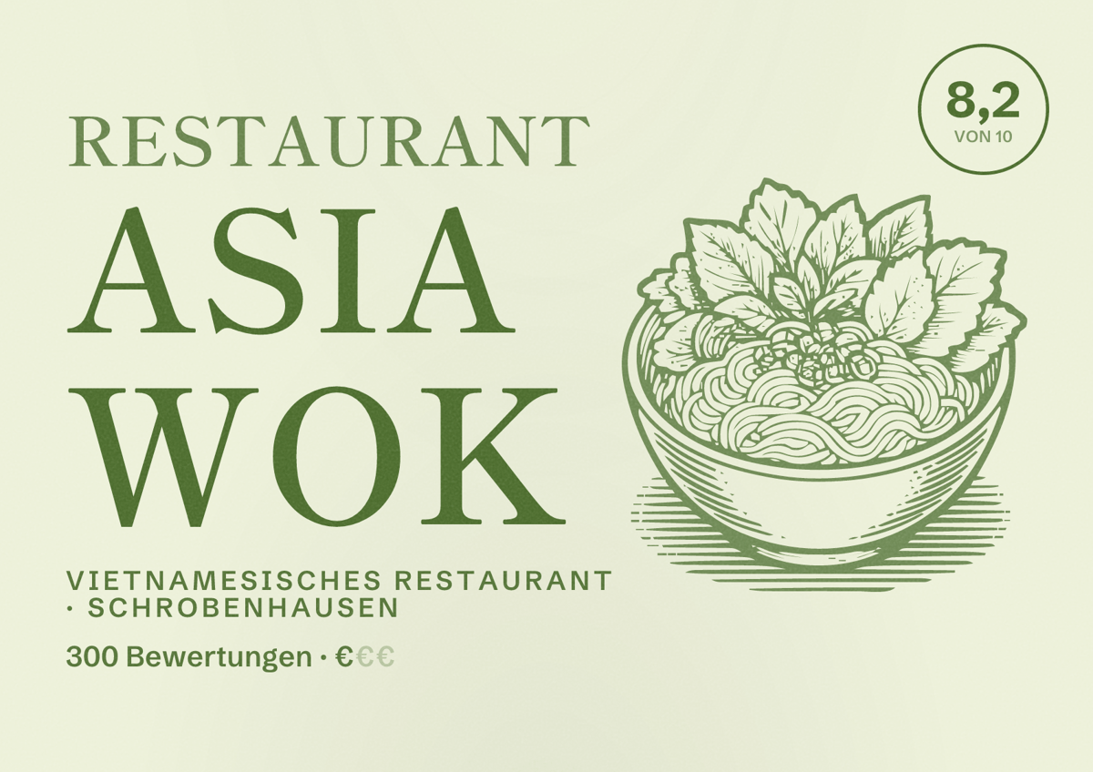 Illustriertes Poster von Restaurant Asia Wok, Vietnamesisches Restaurant in Schrobenhausen: Bewertung 8,2 von 10 aus 300 Bewertungen, Preisniveau €