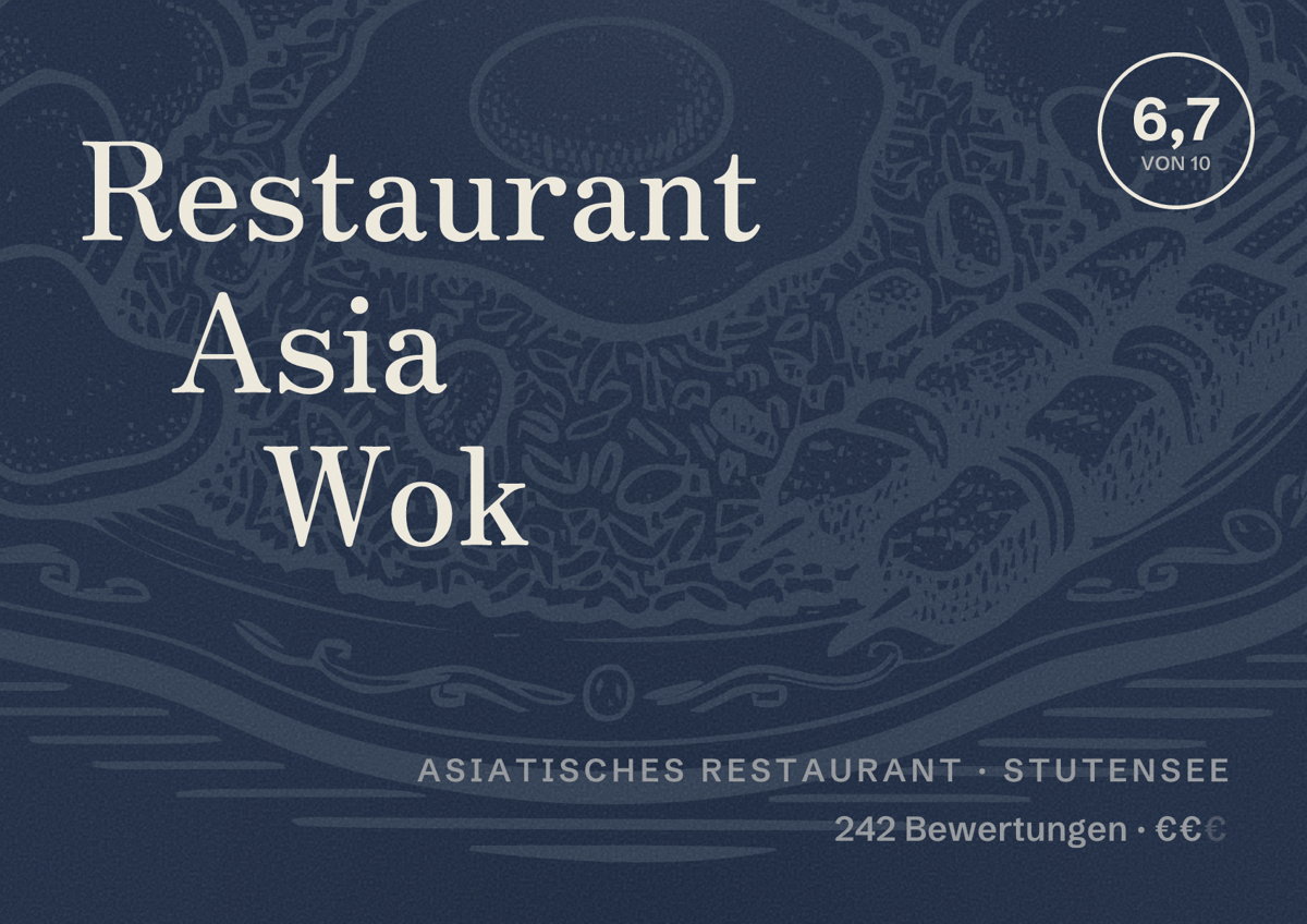 Illustriertes Poster von Restaurant Asia Wok, Asiatisches Restaurant in Stutensee: Bewertung 6,7 von 10 aus 242 Bewertungen, Preisniveau €€