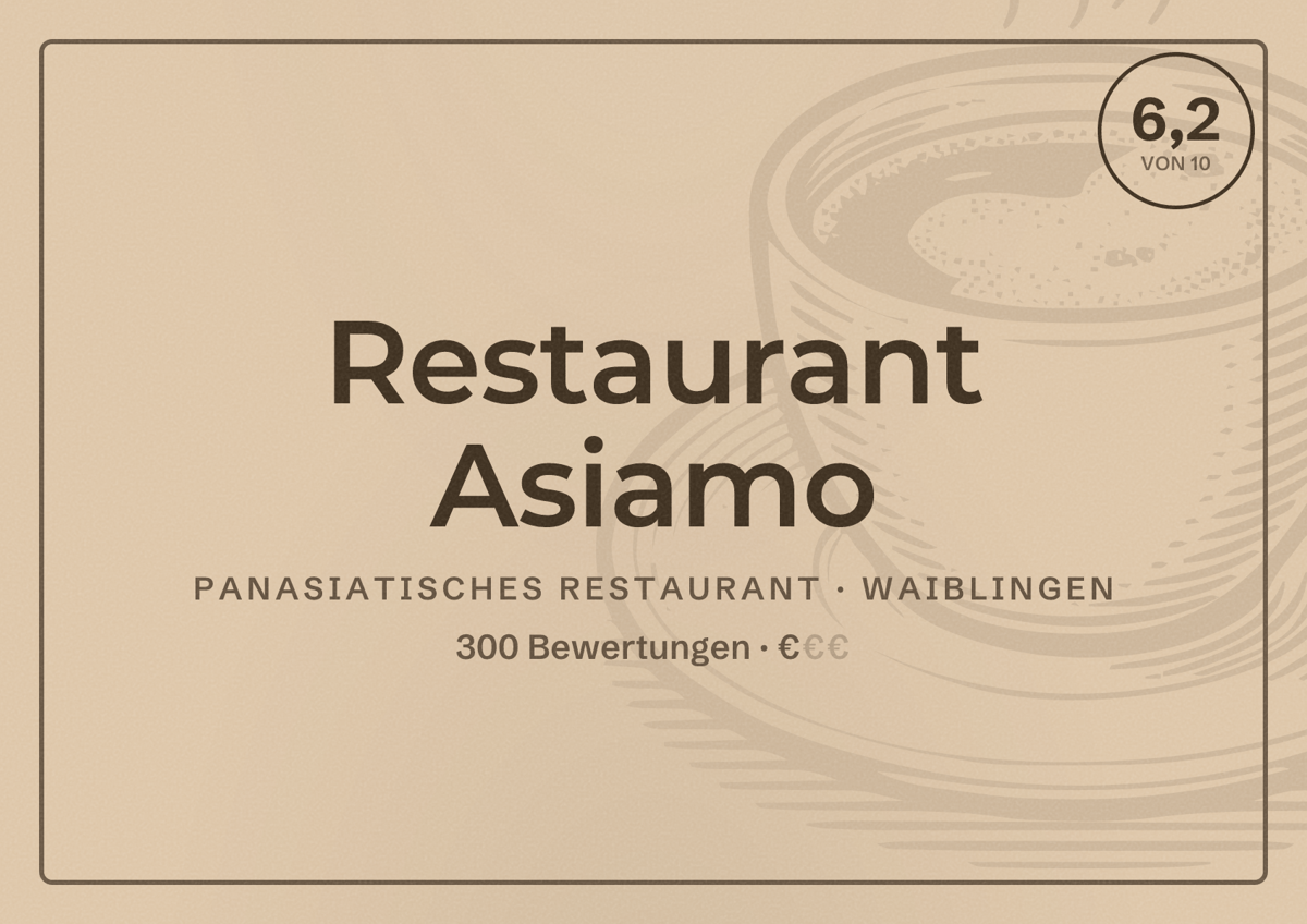 Illustriertes Poster von Restaurant Asiamo, Panasiatisches Restaurant in Waiblingen: Bewertung 6,2 von 10 aus 300 Bewertungen, Preisniveau €