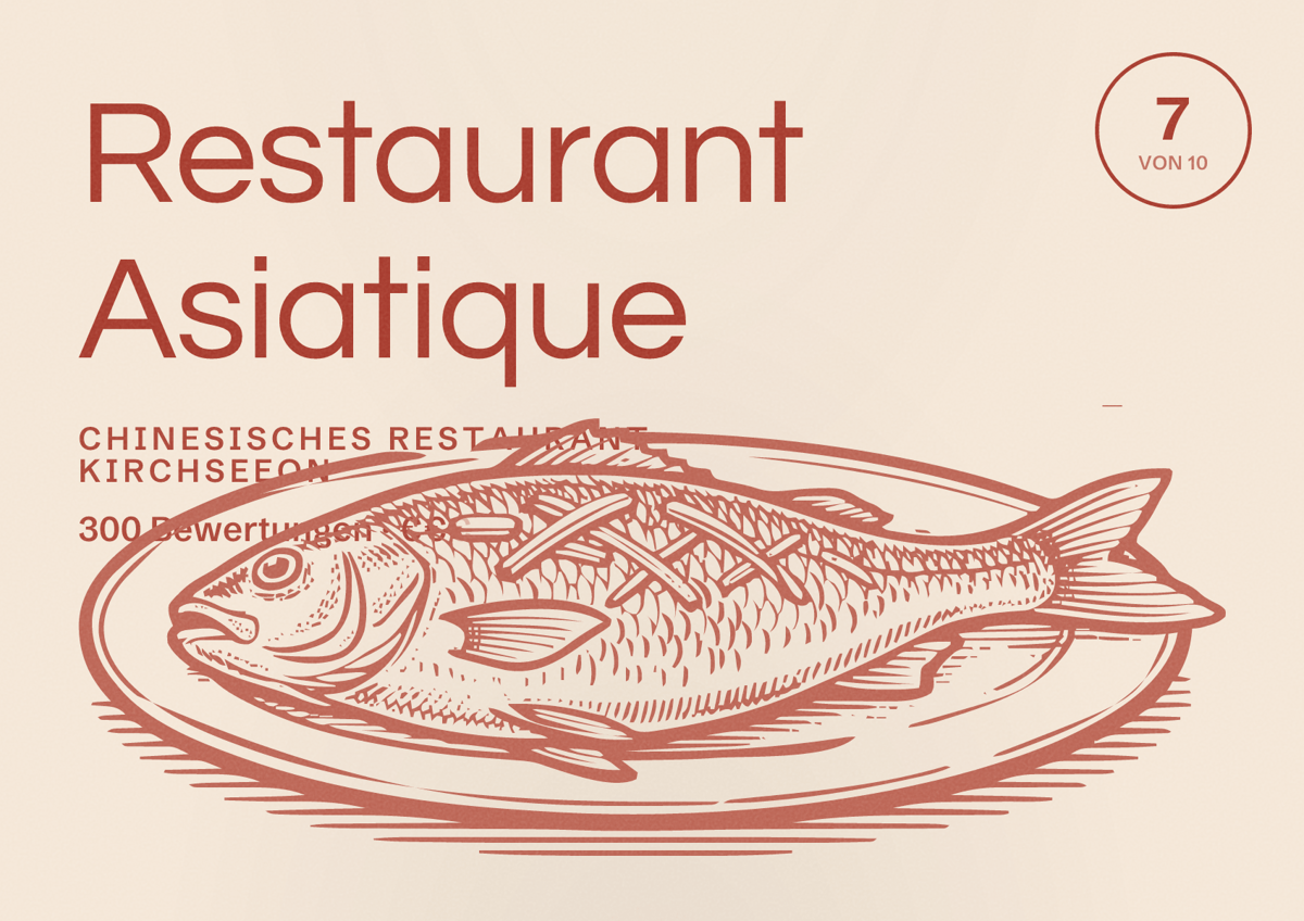 Illustriertes Poster von Restaurant Asiatique, Chinesisches Restaurant in Kirchseeon: Bewertung 7 von 10 aus 300 Bewertungen, Preisniveau €€