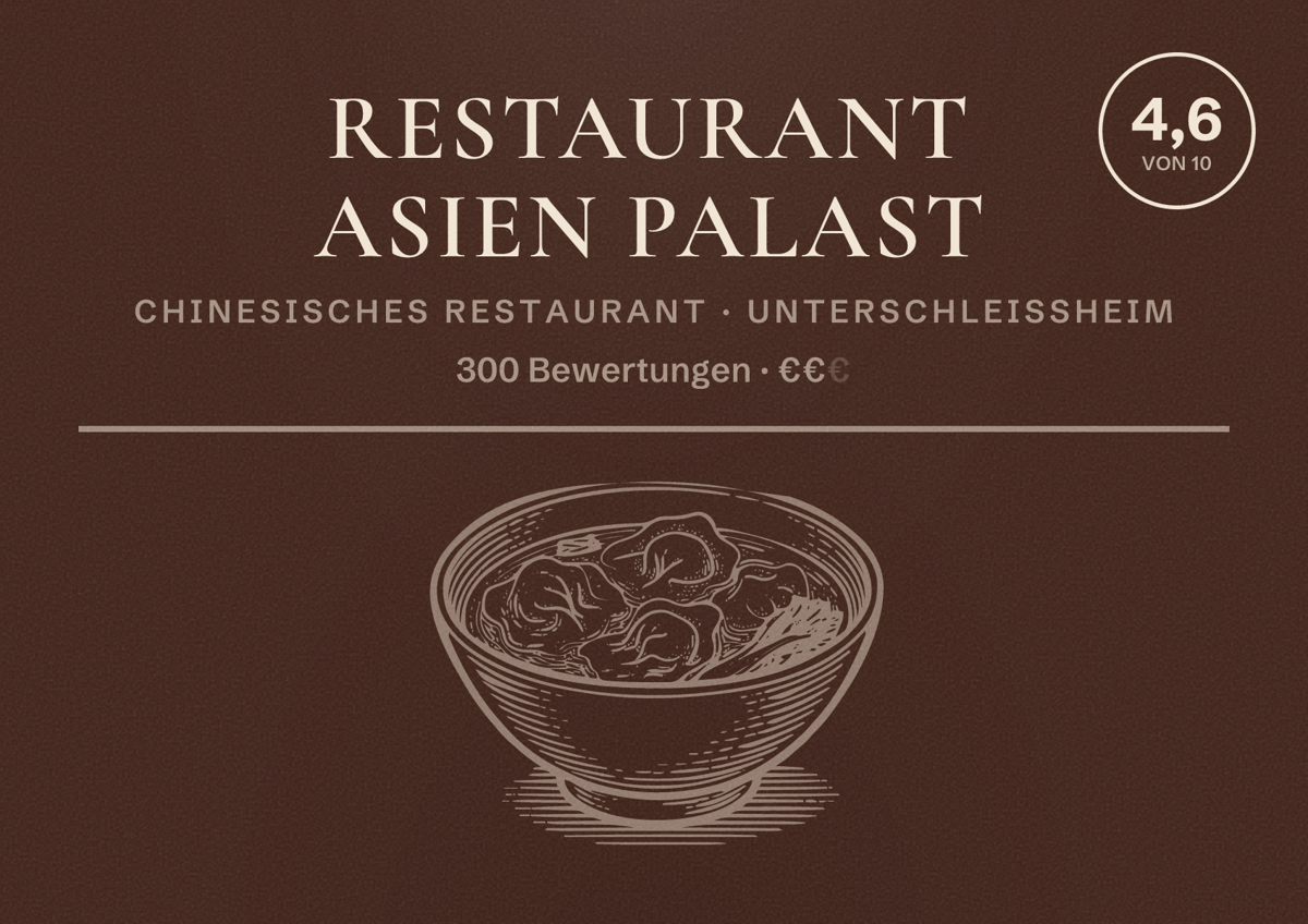 Illustriertes Poster von Restaurant Asien Palast, Chinesisches Restaurant in Unterschleißheim: Bewertung 4,6 von 10 aus 300 Bewertungen, Preisniveau €€