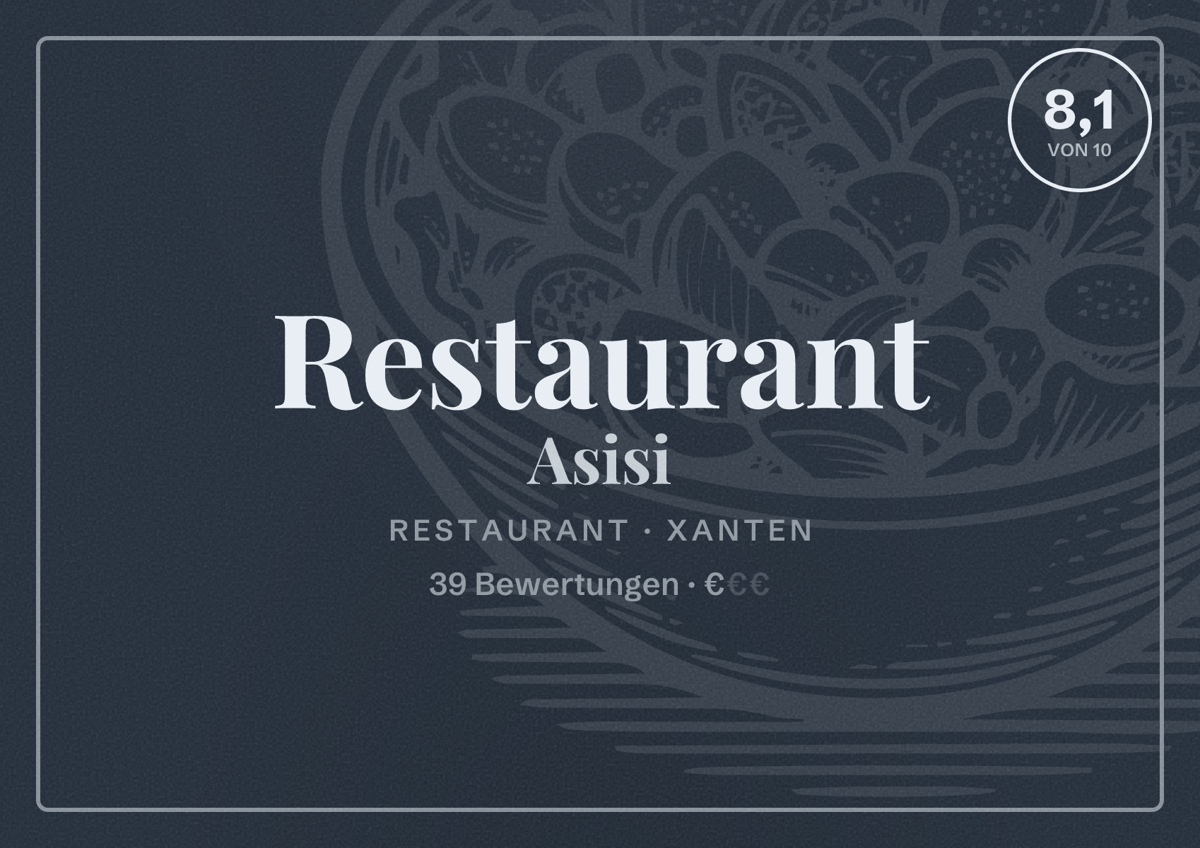 Illustriertes Poster von Restaurant Asisi, Restaurant in Xanten: Bewertung 8,1 von 10 aus 39 Bewertungen, Preisniveau €