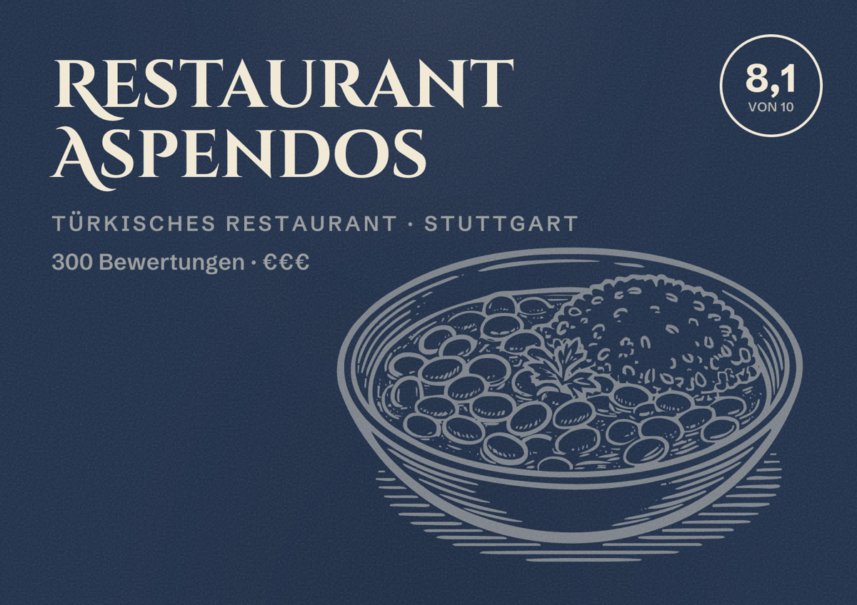 Illustriertes Poster von Restaurant Aspendos, Türkisches Restaurant in Stuttgart: Bewertung 8,1 von 10 aus 300 Bewertungen, Preisniveau €€€