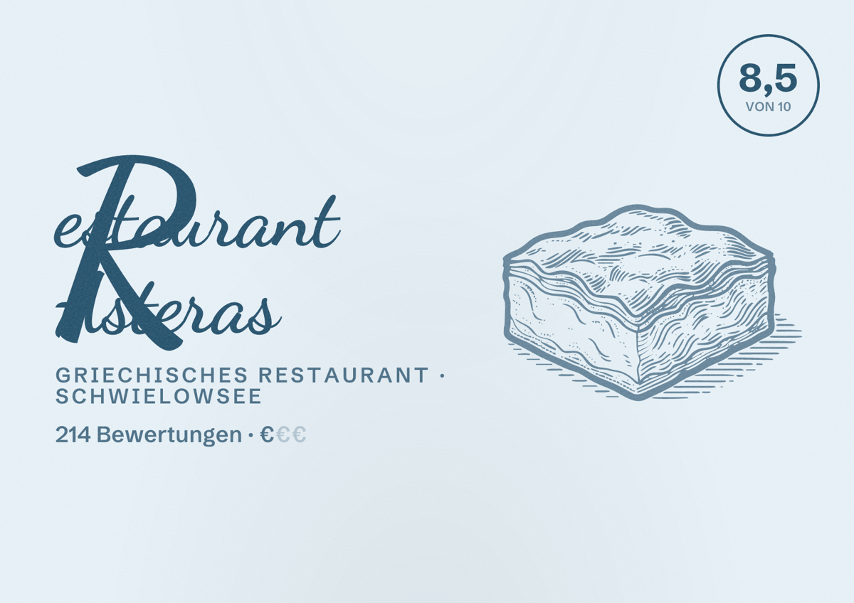 Illustriertes Poster von Restaurant Asteras, Griechisches Restaurant in Schwielowsee: Bewertung 8,5 von 10 aus 214 Bewertungen, Preisniveau €