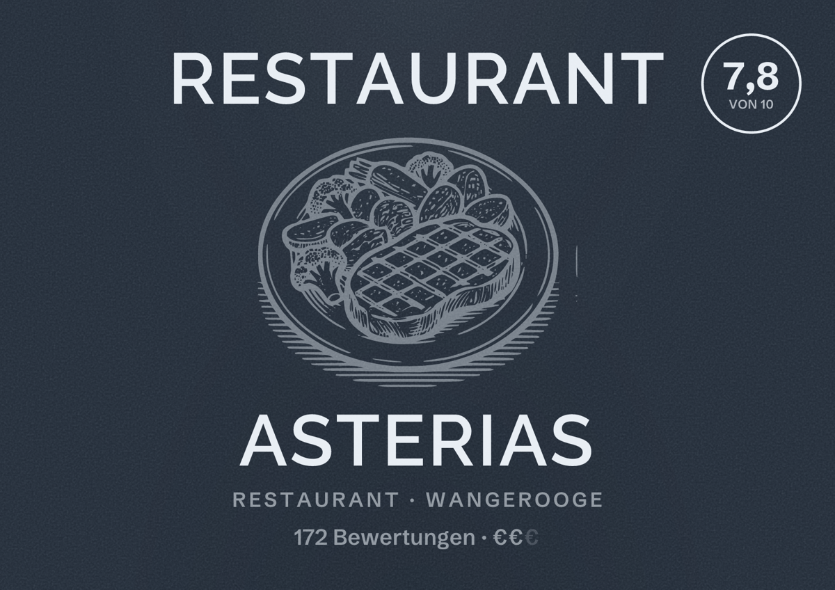 Illustriertes Poster von Restaurant Asterias, Restaurant in Wangerooge: Bewertung 7,8 von 10 aus 172 Bewertungen, Preisniveau €€