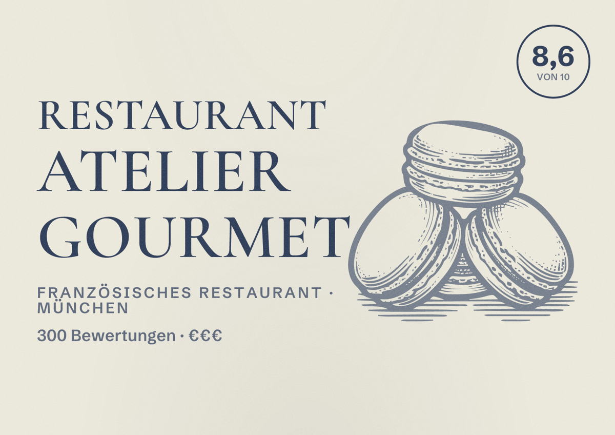 Illustriertes Poster von Restaurant Atelier Gourmet, Französisches Restaurant in München: Bewertung 8,6 von 10 aus 300 Bewertungen, Preisniveau €€€