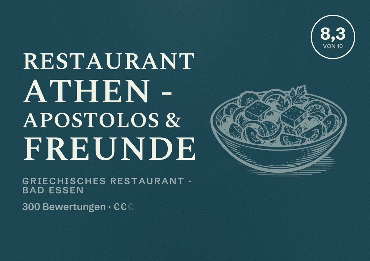 Illustriertes Poster von Restaurant Athen - Apostolos & Freunde, Griechisches Restaurant in Bad Essen: Bewertung 8,3 von 10 aus 300 Bewertungen, Preisniveau €€