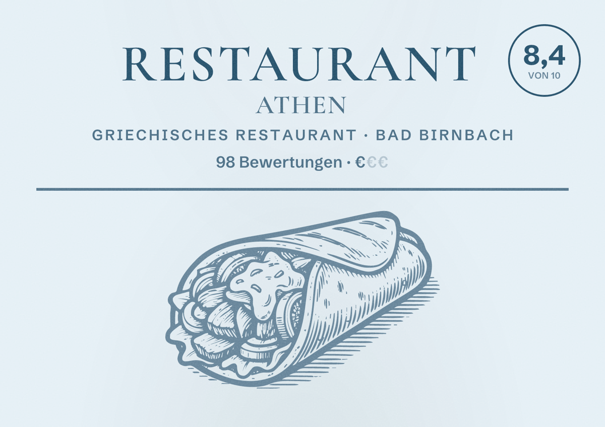 Illustriertes Poster von Restaurant Athen, Griechisches Restaurant in Bad Birnbach: Bewertung 8,4 von 10 aus 98 Bewertungen, Preisniveau €