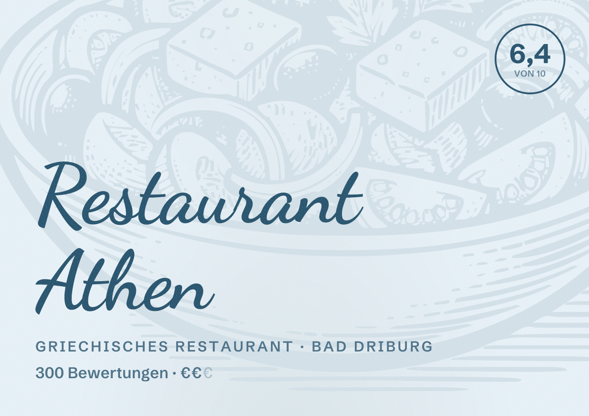 Illustriertes Poster von Restaurant Athen, Griechisches Restaurant in Bad Driburg: Bewertung 6,4 von 10 aus 300 Bewertungen, Preisniveau €€