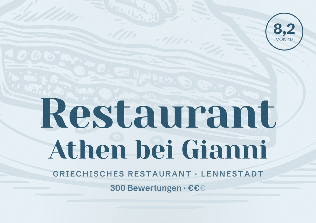 Illustriertes Poster von Restaurant Athen bei Gianni, Griechisches Restaurant in Lennestadt: Bewertung 8,2 von 10 aus 300 Bewertungen, Preisniveau €€