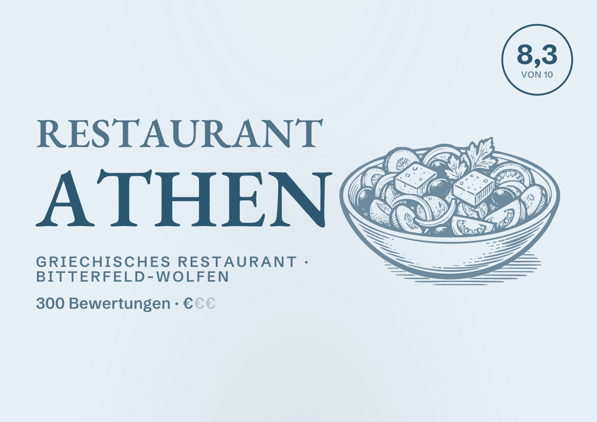 Illustriertes Poster von Restaurant Athen, Griechisches Restaurant in Bitterfeld-Wolfen: Bewertung 8,3 von 10 aus 300 Bewertungen, Preisniveau €