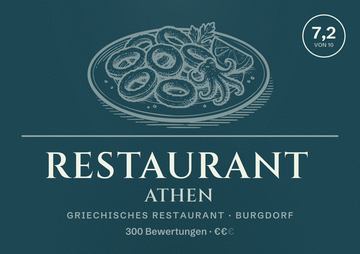 Illustriertes Poster von Restaurant Athen, Griechisches Restaurant in Burgdorf: Bewertung 7,2 von 10 aus 300 Bewertungen, Preisniveau €€
