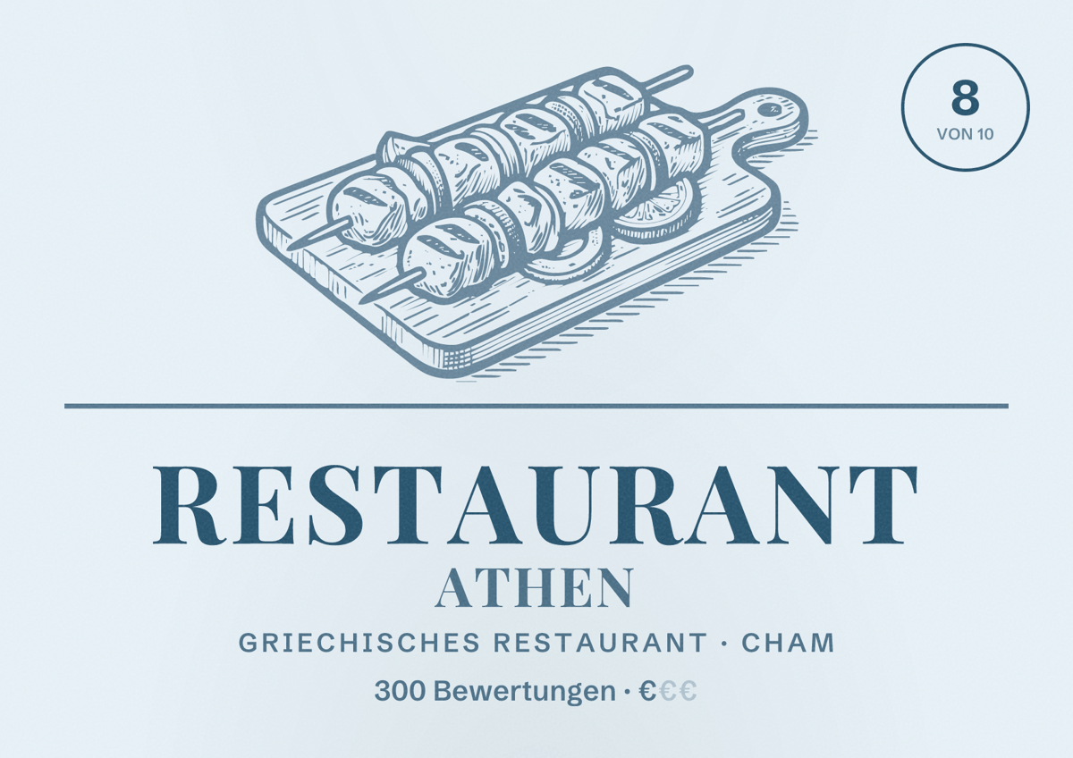 Illustriertes Poster von Restaurant Athen, Griechisches Restaurant in Cham: Bewertung 8 von 10 aus 300 Bewertungen, Preisniveau €