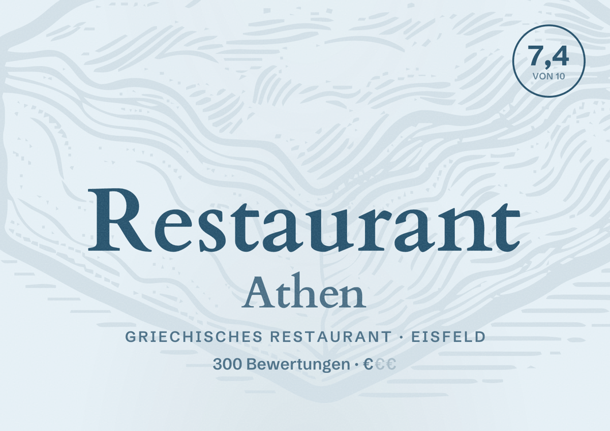 Illustriertes Poster von Restaurant Athen, Griechisches Restaurant in Eisfeld: Bewertung 7,4 von 10 aus 300 Bewertungen, Preisniveau €