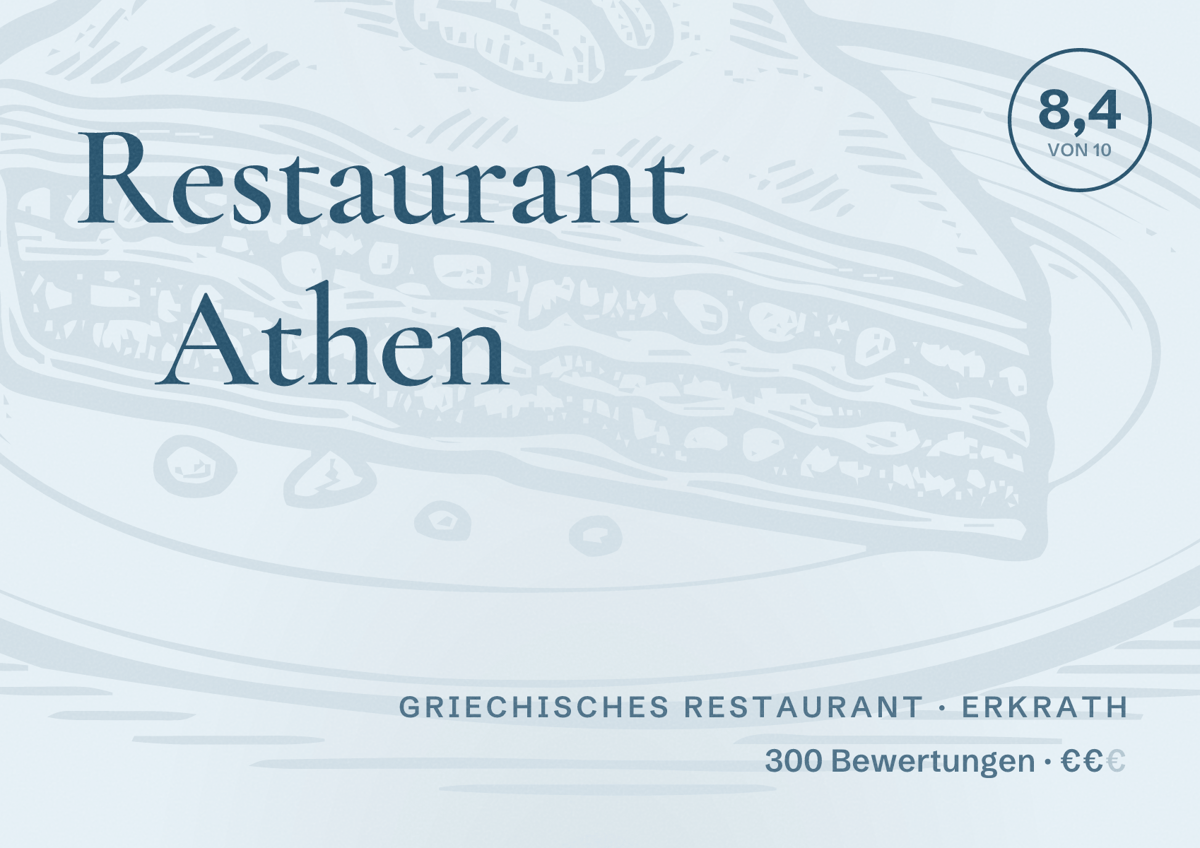 Illustriertes Poster von Restaurant Athen, Griechisches Restaurant in Erkrath: Bewertung 8,4 von 10 aus 300 Bewertungen, Preisniveau €€