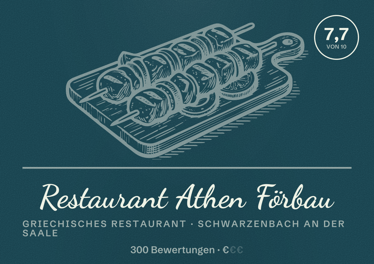 Illustriertes Poster von Restaurant Athen Förbau, Griechisches Restaurant in Schwarzenbach an der Saale: Bewertung 7,7 von 10 aus 300 Bewertungen, Preisniveau €