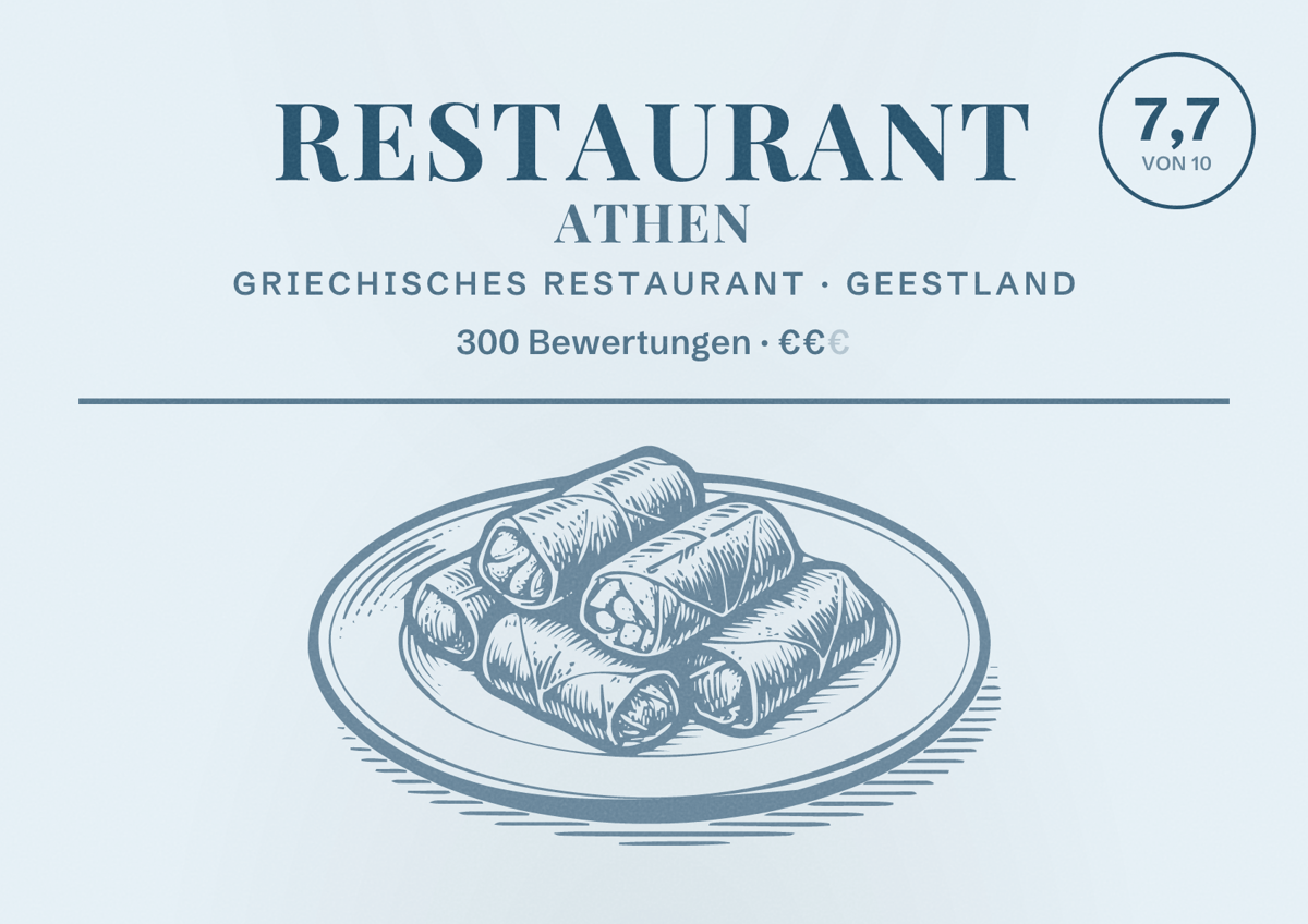 Illustriertes Poster von Restaurant Athen, Griechisches Restaurant in Geestland: Bewertung 7,7 von 10 aus 300 Bewertungen, Preisniveau €€