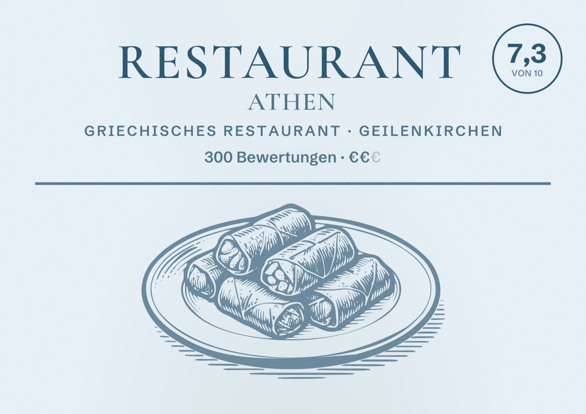 Illustriertes Poster von Restaurant Athen, Griechisches Restaurant in Geilenkirchen: Bewertung 7,3 von 10 aus 300 Bewertungen, Preisniveau €€