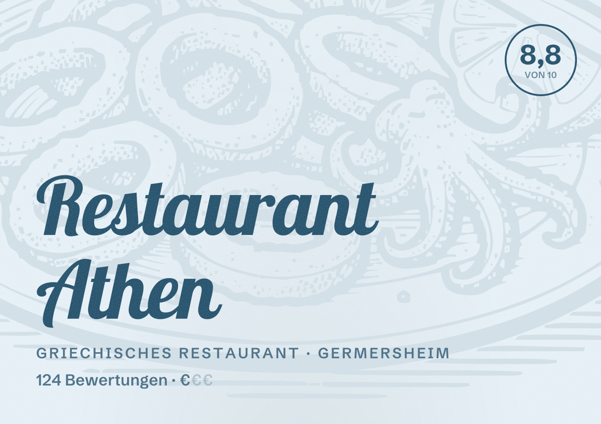 Illustriertes Poster von Restaurant Athen, Griechisches Restaurant in Germersheim: Bewertung 8,8 von 10 aus 124 Bewertungen, Preisniveau €