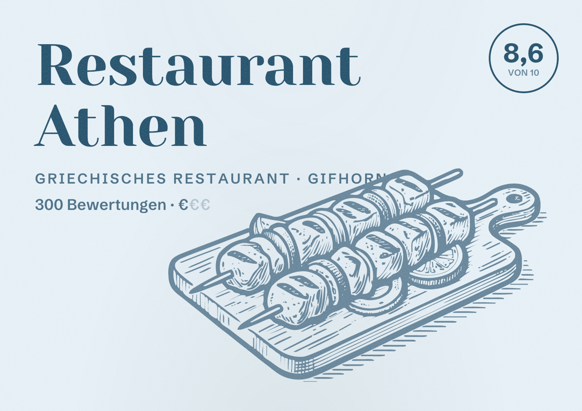 Illustriertes Poster von Restaurant Athen, Griechisches Restaurant in Gifhorn: Bewertung 8,6 von 10 aus 300 Bewertungen, Preisniveau €