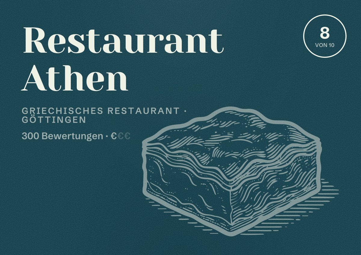 Illustriertes Poster von Restaurant Athen, Griechisches Restaurant in Göttingen: Bewertung 8 von 10 aus 300 Bewertungen, Preisniveau €