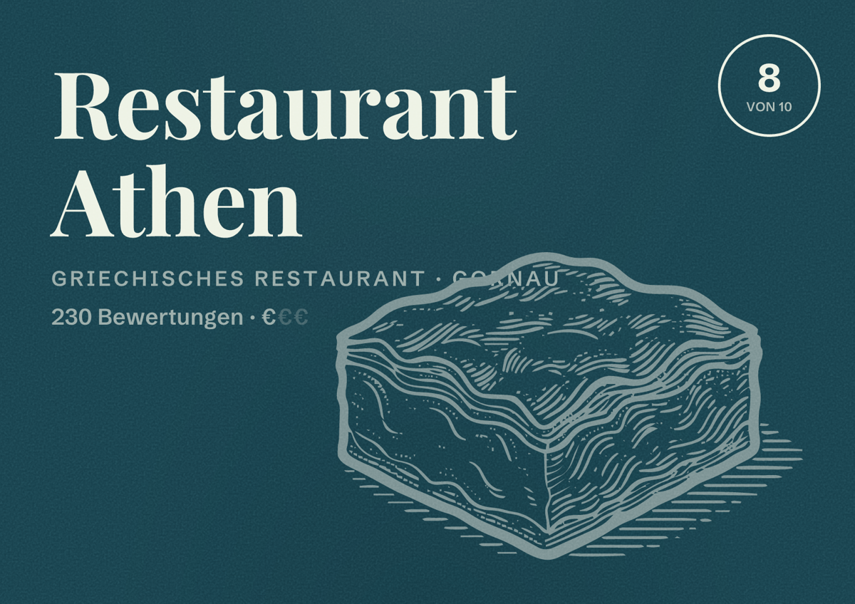 Illustriertes Poster von Restaurant Athen, Griechisches Restaurant in Gornau: Bewertung 8 von 10 aus 230 Bewertungen, Preisniveau €