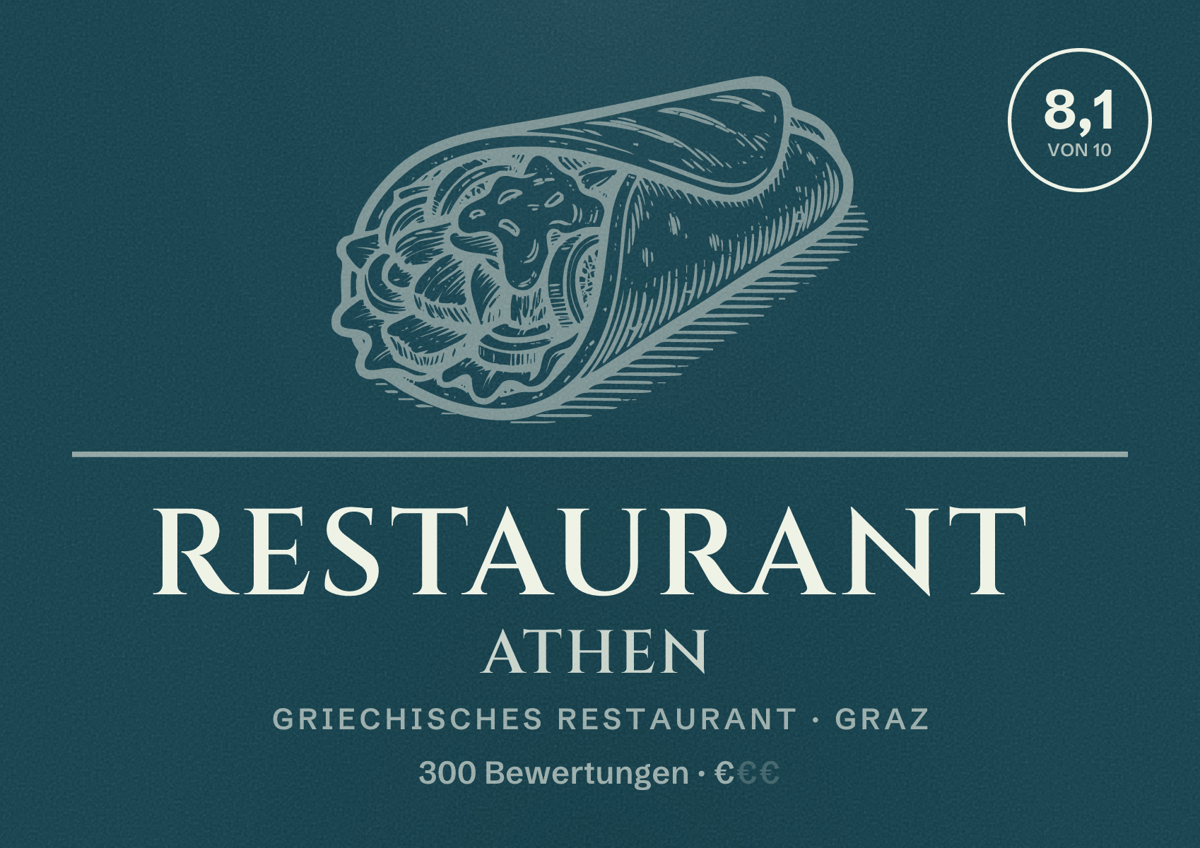 Illustriertes Poster von Restaurant Athen, Griechisches Restaurant in Graz: Bewertung 8,1 von 10 aus 300 Bewertungen, Preisniveau €