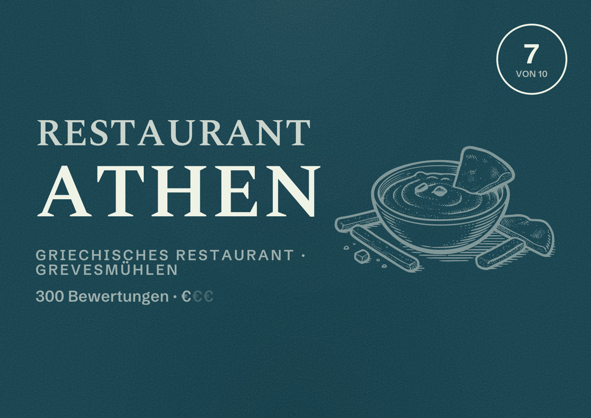 Illustriertes Poster von Restaurant Athen, Griechisches Restaurant in Grevesmühlen: Bewertung 7 von 10 aus 300 Bewertungen, Preisniveau €