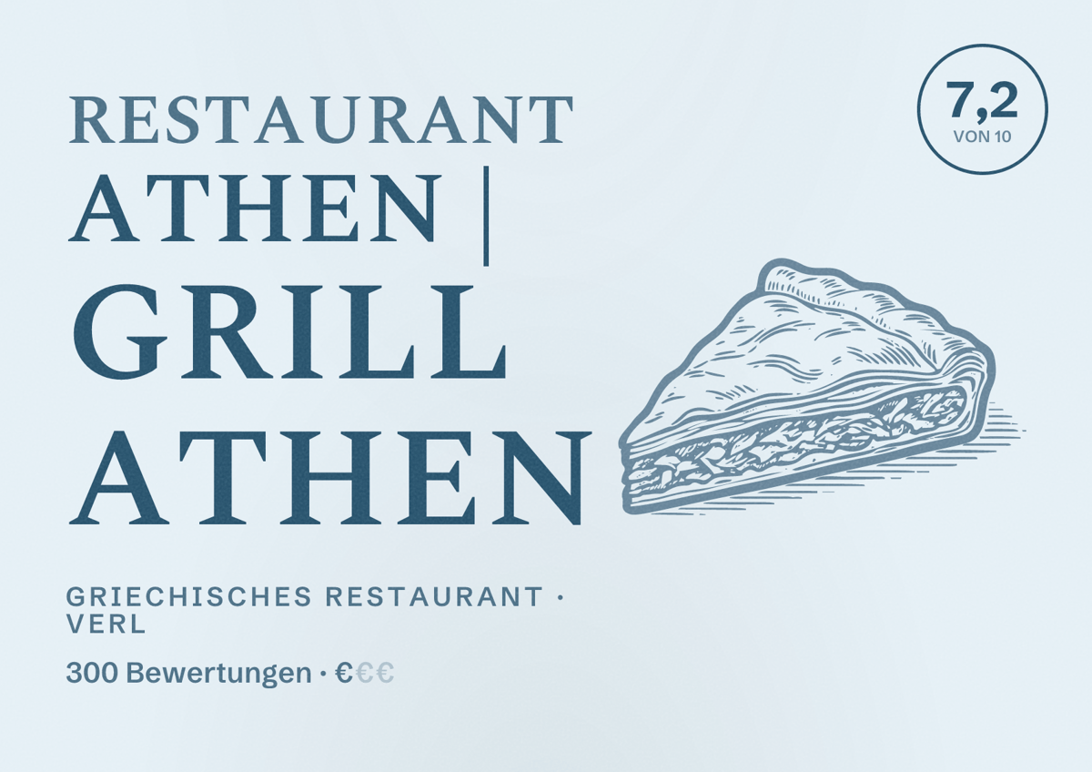 Illustriertes Poster von Restaurant Athen | Grill Athen, Griechisches Restaurant in Verl: Bewertung 7,2 von 10 aus 300 Bewertungen, Preisniveau €