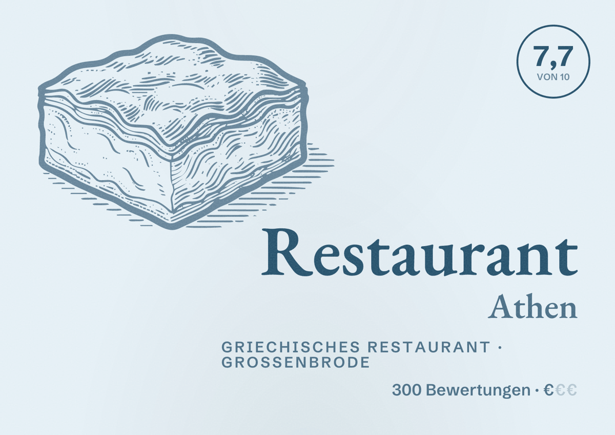 Illustriertes Poster von Restaurant Athen, Griechisches Restaurant in Großenbrode: Bewertung 7,7 von 10 aus 300 Bewertungen, Preisniveau €
