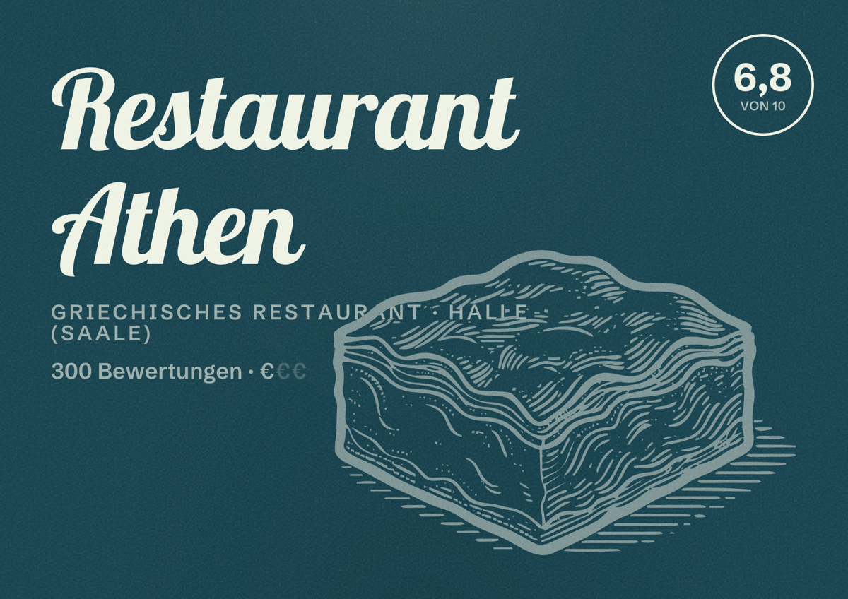 Illustriertes Poster von Restaurant Athen, Griechisches Restaurant in Halle (Saale): Bewertung 6,8 von 10 aus 300 Bewertungen, Preisniveau €