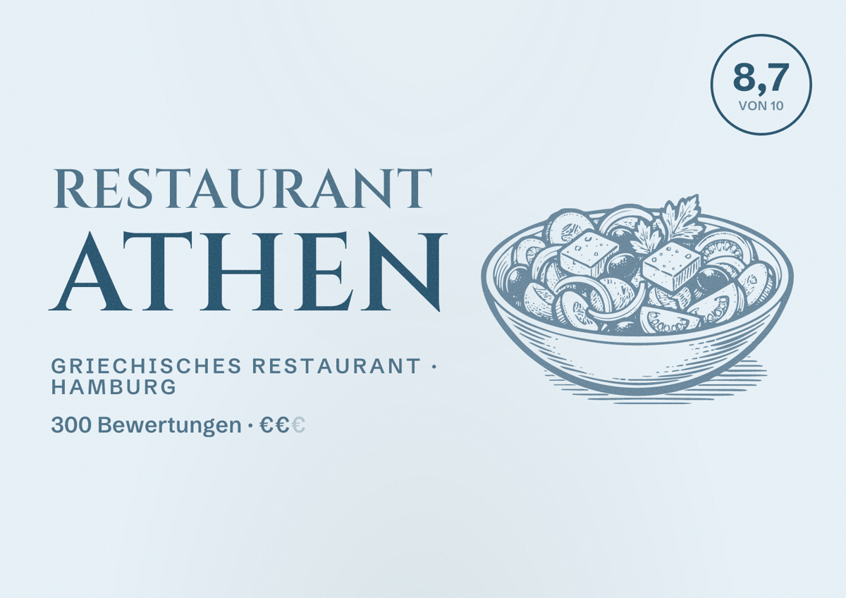 Illustriertes Poster von Restaurant Athen, Griechisches Restaurant in Hamburg: Bewertung 8,7 von 10 aus 300 Bewertungen, Preisniveau €€