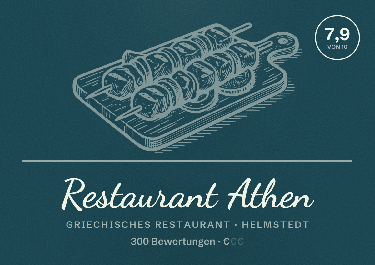Illustriertes Poster von Restaurant Athen, Griechisches Restaurant in Helmstedt: Bewertung 7,9 von 10 aus 300 Bewertungen, Preisniveau €