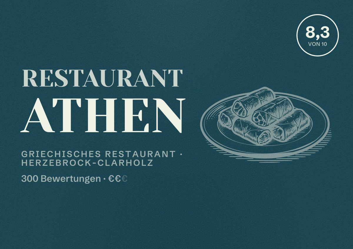 Illustriertes Poster von Restaurant Athen, Griechisches Restaurant in Herzebrock-Clarholz: Bewertung 8,3 von 10 aus 300 Bewertungen, Preisniveau €€
