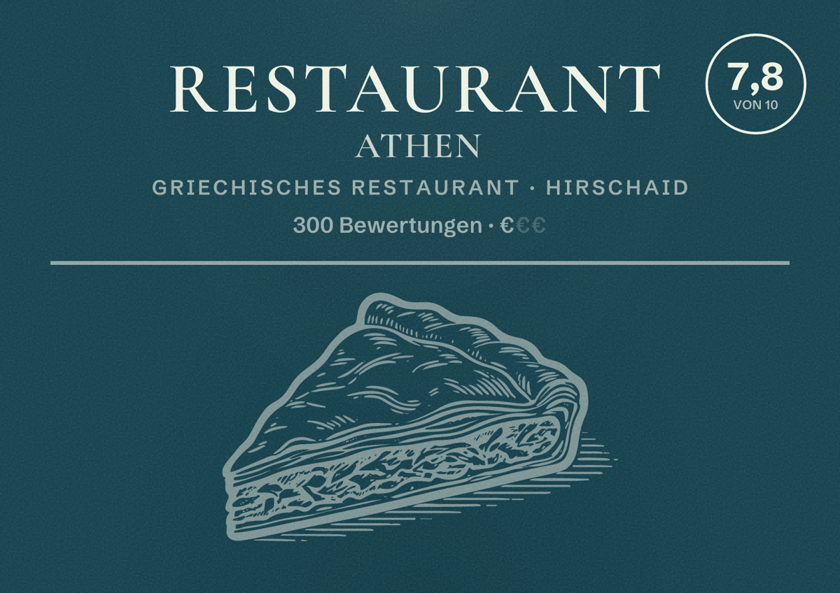 Illustriertes Poster von Restaurant Athen, Griechisches Restaurant in Hirschaid: Bewertung 7,8 von 10 aus 300 Bewertungen, Preisniveau €