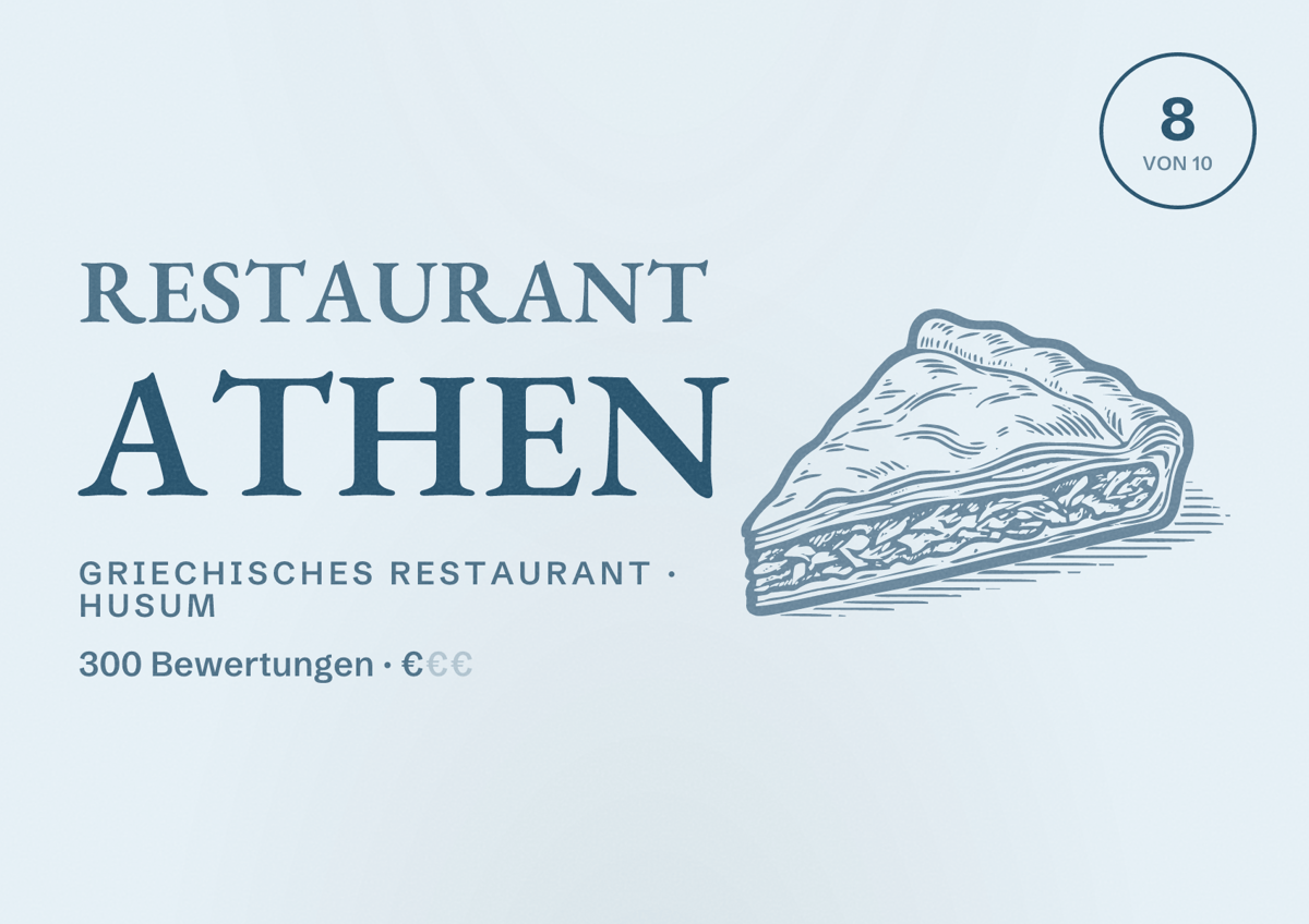 Illustriertes Poster von Restaurant Athen, Griechisches Restaurant in Husum: Bewertung 8 von 10 aus 300 Bewertungen, Preisniveau €
