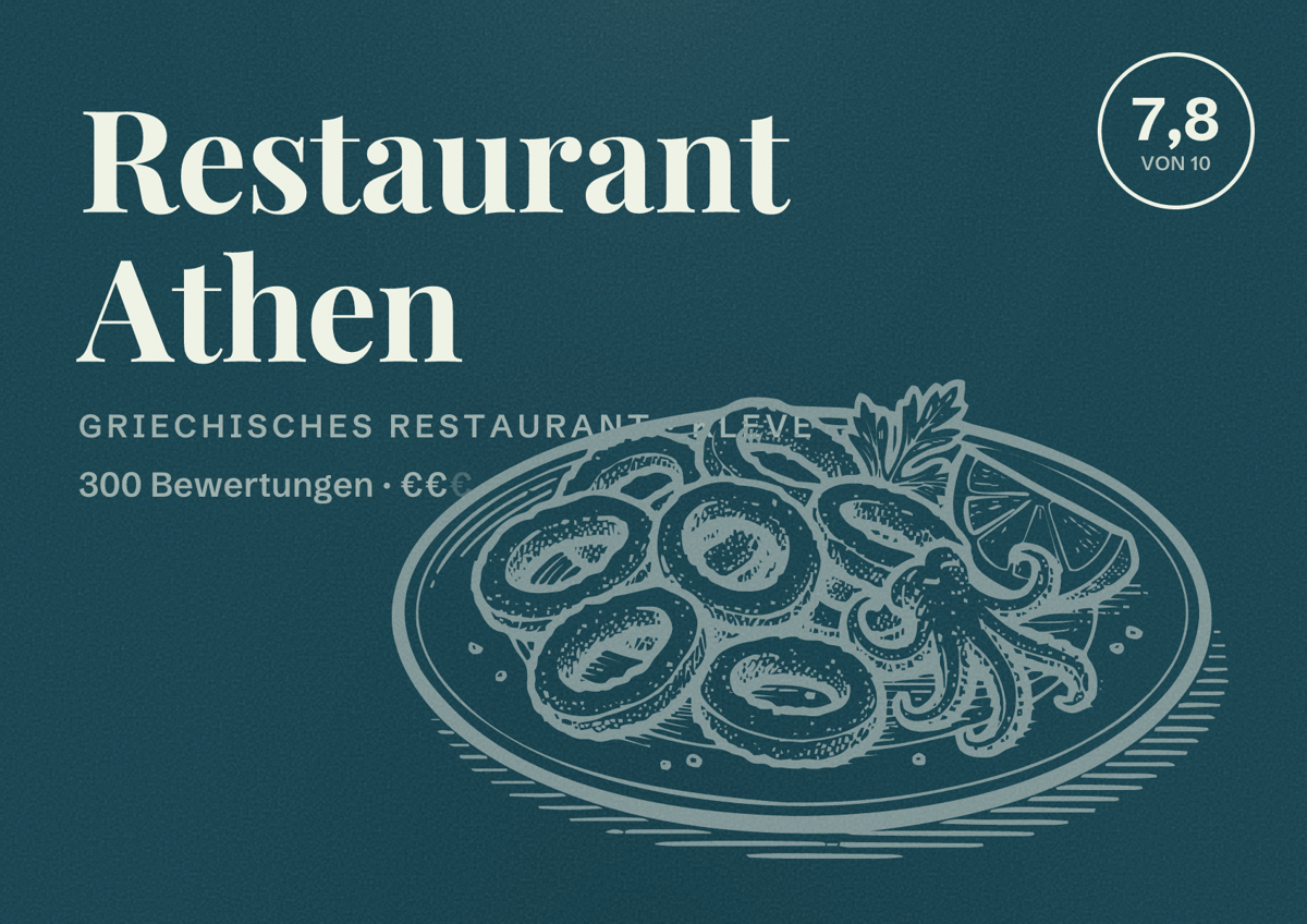 Illustriertes Poster von Restaurant Athen, Griechisches Restaurant in Kleve: Bewertung 7,8 von 10 aus 300 Bewertungen, Preisniveau €€