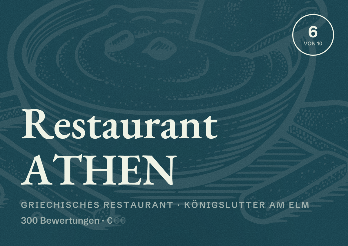 Illustriertes Poster von Restaurant ATHEN, Griechisches Restaurant in Königslutter am Elm: Bewertung 6 von 10 aus 300 Bewertungen, Preisniveau €