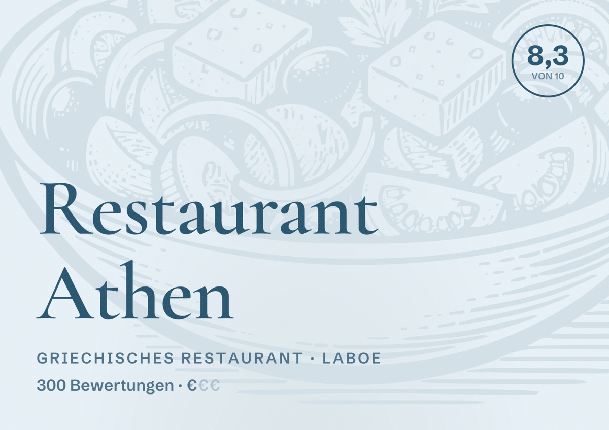 Illustriertes Poster von Restaurant Athen, Griechisches Restaurant in Laboe: Bewertung 8,3 von 10 aus 300 Bewertungen, Preisniveau €