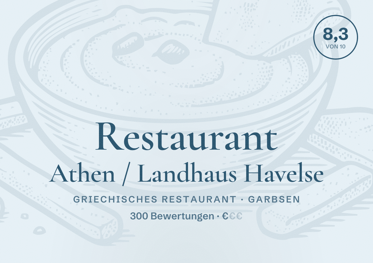 Illustriertes Poster von Restaurant Athen / Landhaus Havelse, Griechisches Restaurant in Garbsen: Bewertung 8,3 von 10 aus 300 Bewertungen, Preisniveau €