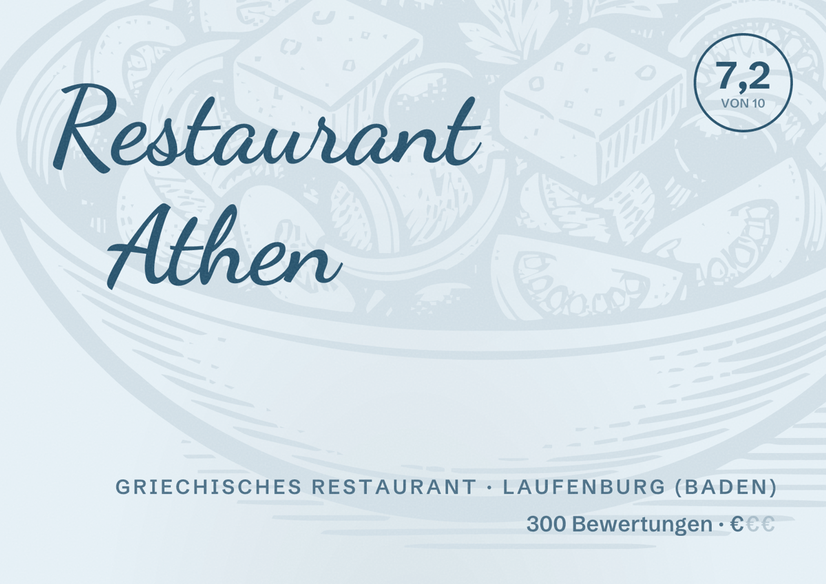 Illustriertes Poster von Restaurant Athen, Griechisches Restaurant in Laufenburg (Baden): Bewertung 7,2 von 10 aus 300 Bewertungen, Preisniveau €