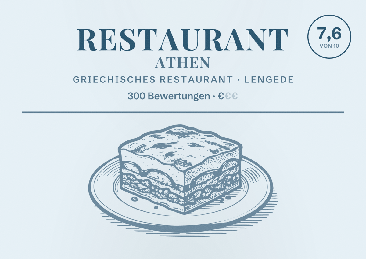 Illustriertes Poster von Restaurant Athen, Griechisches Restaurant in Lengede: Bewertung 7,6 von 10 aus 300 Bewertungen, Preisniveau €