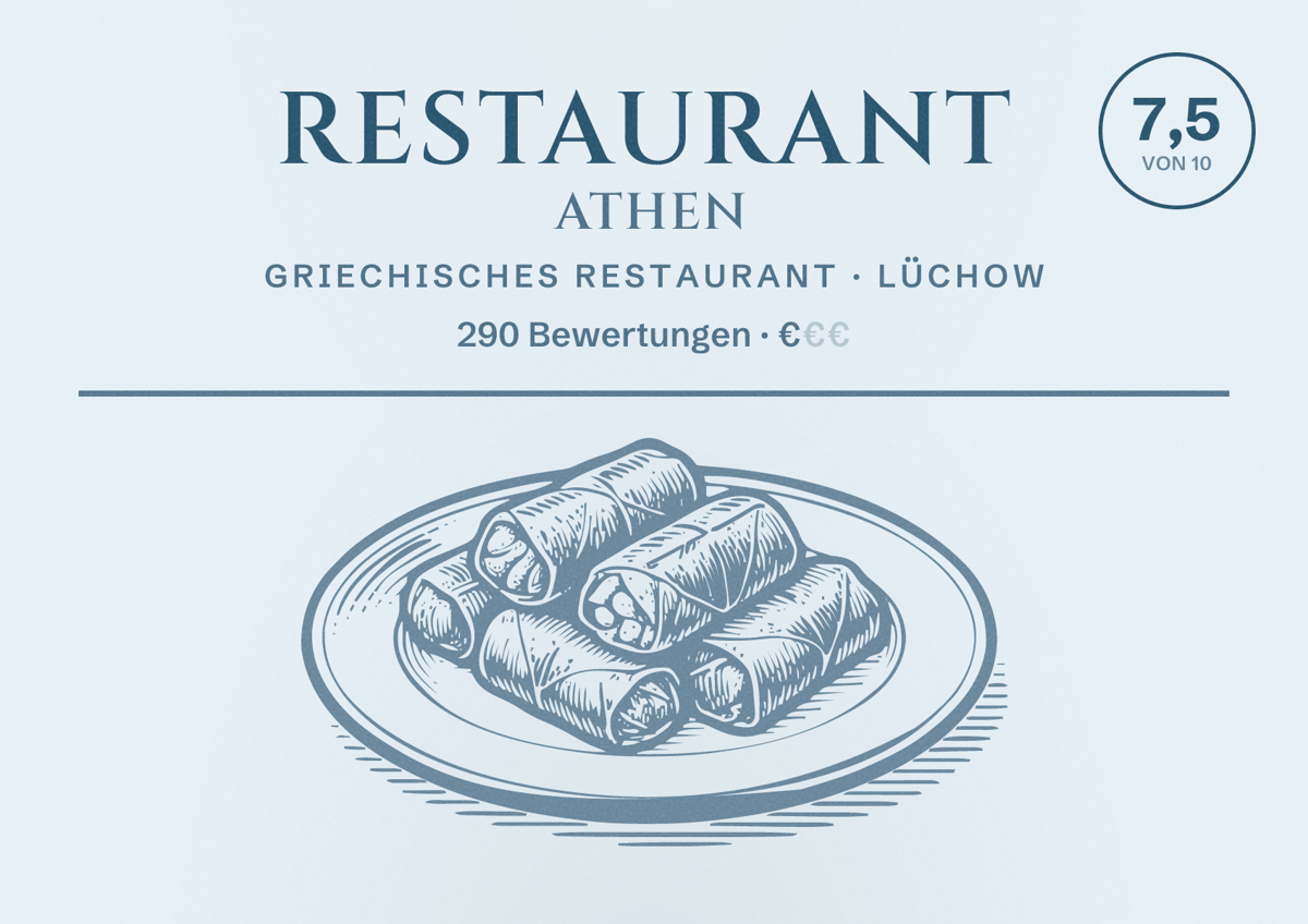 Illustriertes Poster von Restaurant Athen, Griechisches Restaurant in Lüchow: Bewertung 7,5 von 10 aus 290 Bewertungen, Preisniveau €