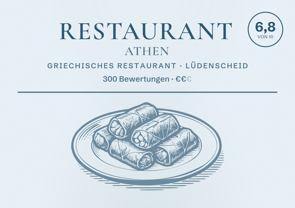 Illustriertes Poster von Restaurant Athen, Griechisches Restaurant in Lüdenscheid: Bewertung 6,8 von 10 aus 300 Bewertungen, Preisniveau €€