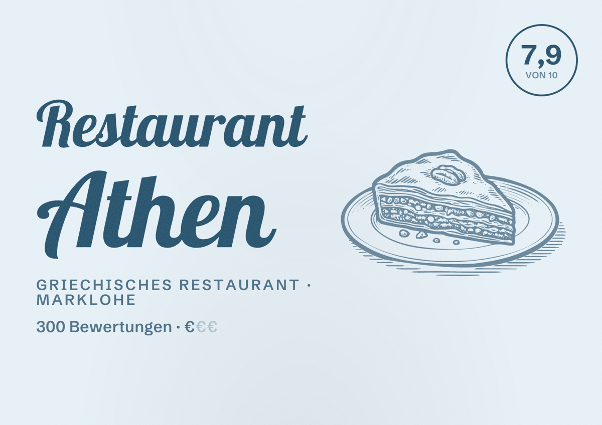Illustriertes Poster von Restaurant Athen, Griechisches Restaurant in Marklohe: Bewertung 7,9 von 10 aus 300 Bewertungen, Preisniveau €